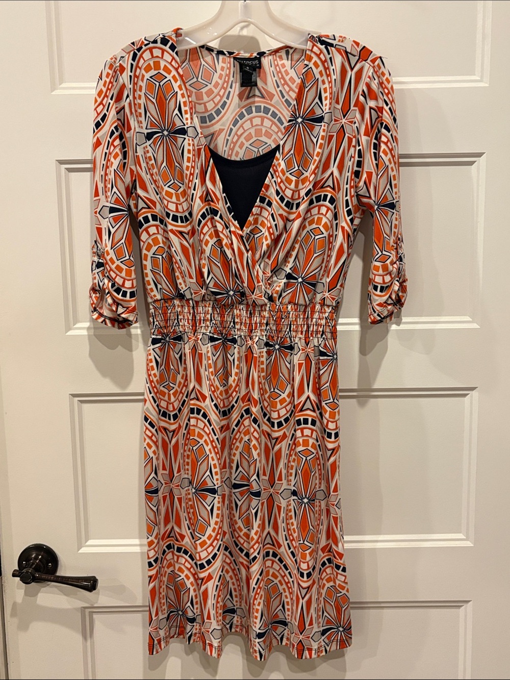 Enfocus Studio Orange and Navy Geometric Midi Dress